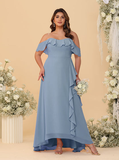 Robes de Demoiselle d'Honneur Grande Taille Ligne A/Princesse Décolleté Bardot avec Volants