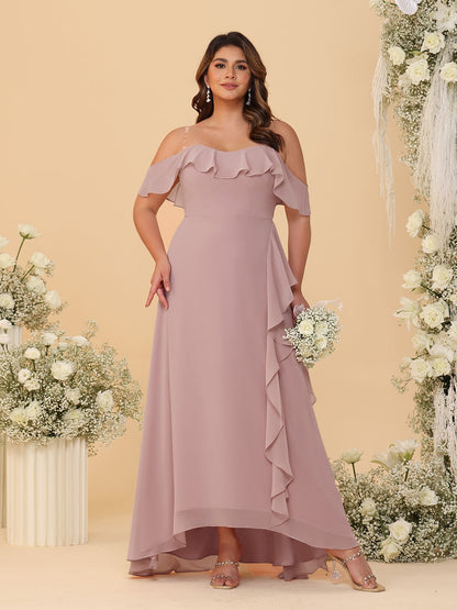 Robes de Demoiselle d'Honneur Grande Taille Ligne A/Princesse Décolleté Bardot avec Volants