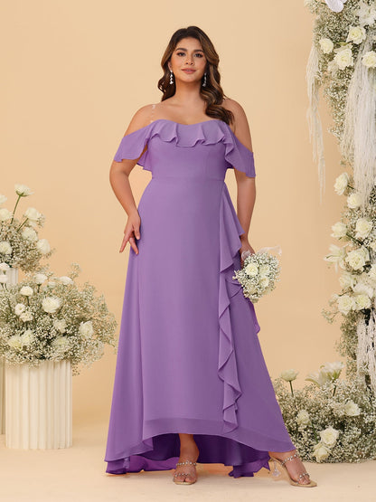 Robes de Demoiselle d'Honneur Grande Taille Ligne A/Princesse Décolleté Bardot avec Volants