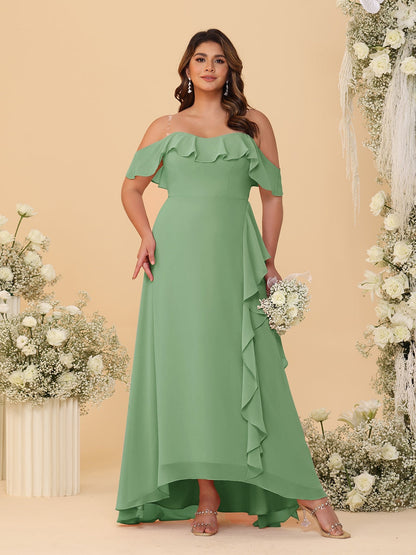 Robes de Demoiselle d'Honneur Grande Taille Ligne A/Princesse Décolleté Bardot avec Volants