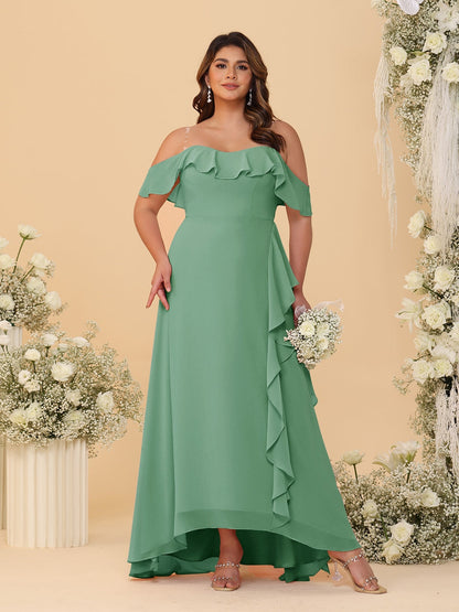 Robes de Demoiselle d'Honneur Grande Taille Ligne A/Princesse Décolleté Bardot avec Volants