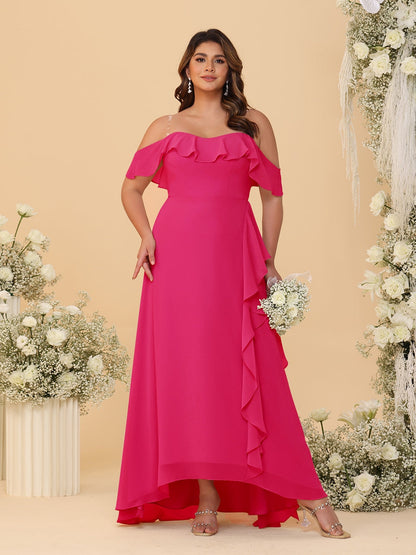 Robes de Demoiselle d'Honneur Grande Taille Ligne A/Princesse Décolleté Bardot avec Volants