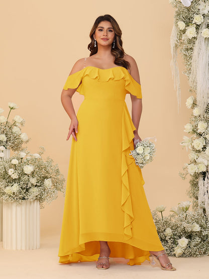 Robes de Demoiselle d'Honneur Grande Taille Ligne A/Princesse Décolleté Bardot avec Volants