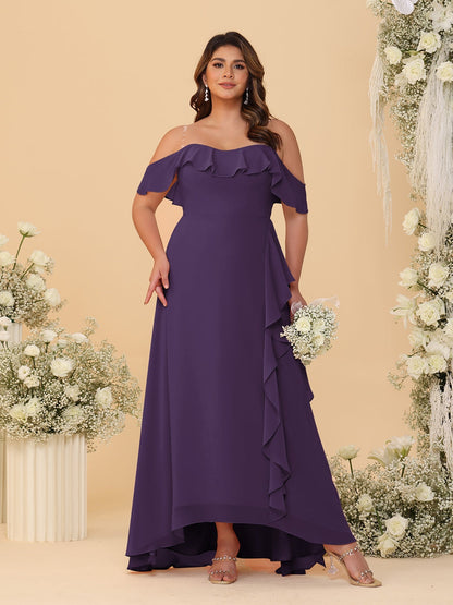 Robes de Demoiselle d'Honneur Grande Taille Ligne A/Princesse Décolleté Bardot avec Volants