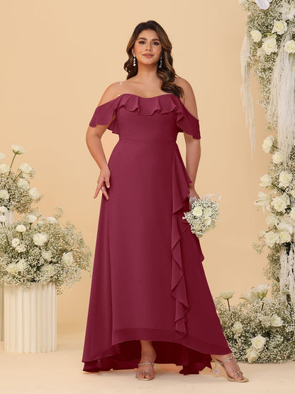 Robes de Demoiselle d'Honneur Grande Taille Ligne A/Princesse Décolleté Bardot avec Volants