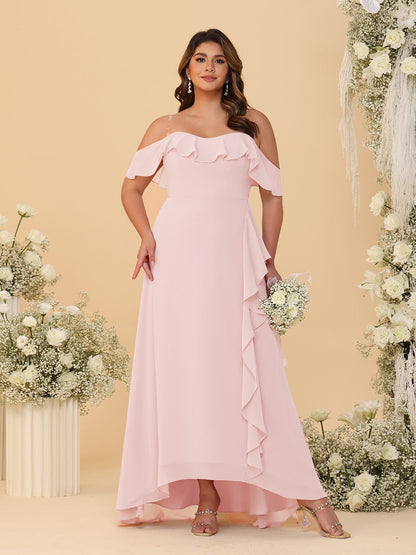 Robes de Demoiselle d'Honneur Grande Taille Ligne A/Princesse Décolleté Bardot avec Volants