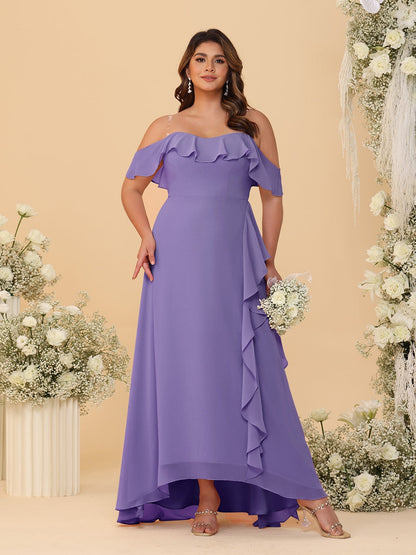 Robes de Demoiselle d'Honneur Grande Taille Ligne A/Princesse Décolleté Bardot avec Volants