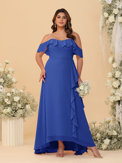 Robes de Demoiselle d'Honneur Grande Taille Ligne A/Princesse Décolleté Bardot avec Volants
