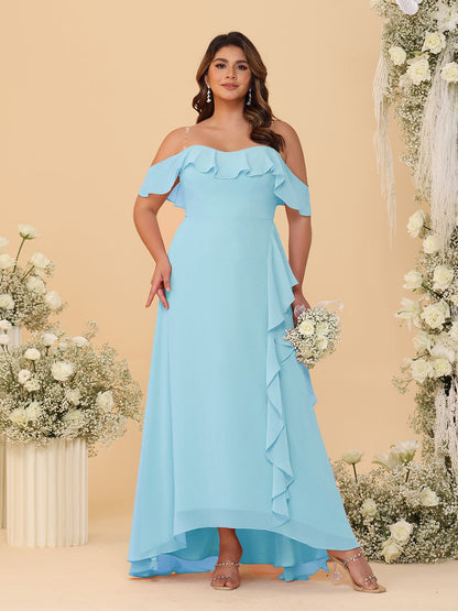 Robes de Demoiselle d'Honneur Grande Taille Ligne A/Princesse Décolleté Bardot avec Volants