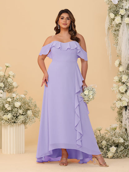 Robes de Demoiselle d'Honneur Grande Taille Ligne A/Princesse Décolleté Bardot avec Volants