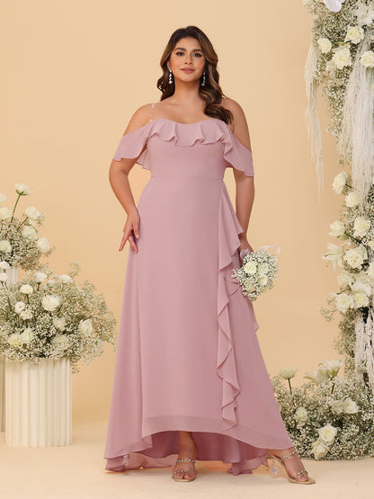 Robes de Demoiselle d'Honneur Grande Taille Ligne A/Princesse Décolleté Bardot avec Volants
