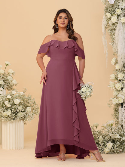 Robes de Demoiselle d'Honneur Grande Taille Ligne A/Princesse Décolleté Bardot avec Volants