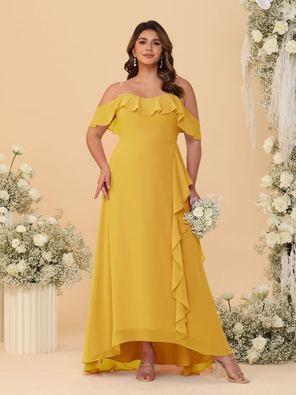 Robes de Demoiselle d'Honneur Grande Taille Ligne A/Princesse Décolleté Bardot avec Volants