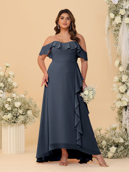 Robes de Demoiselle d'Honneur Grande Taille Ligne A/Princesse Décolleté Bardot avec Volants