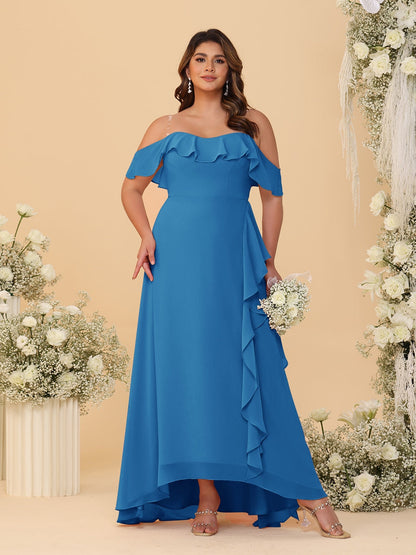 Robes de Demoiselle d'Honneur Grande Taille Ligne A/Princesse Décolleté Bardot avec Volants