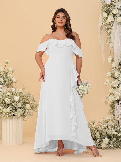 Robes de Demoiselle d'Honneur Grande Taille Ligne A/Princesse Décolleté Bardot avec Volants