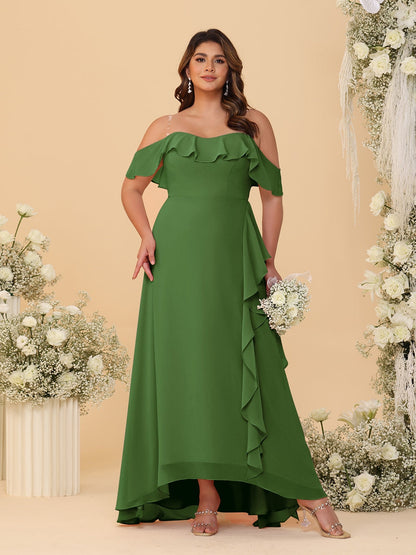 Robes de Demoiselle d'Honneur Grande Taille Ligne A/Princesse Décolleté Bardot avec Volants