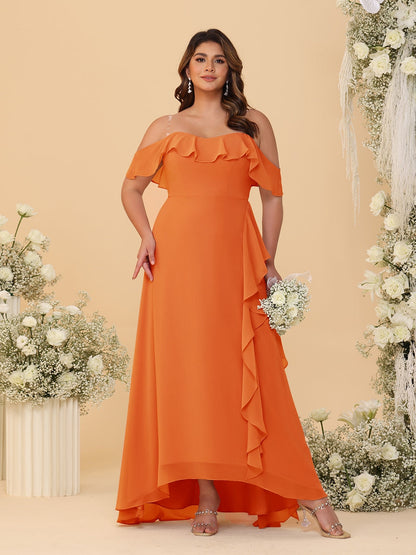 Robes de Demoiselle d'Honneur Grande Taille Ligne A/Princesse Décolleté Bardot avec Volants