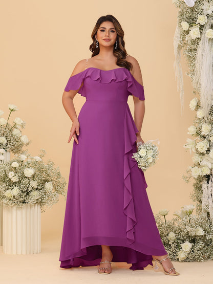 Robes de Demoiselle d'Honneur Grande Taille Ligne A/Princesse Décolleté Bardot avec Volants