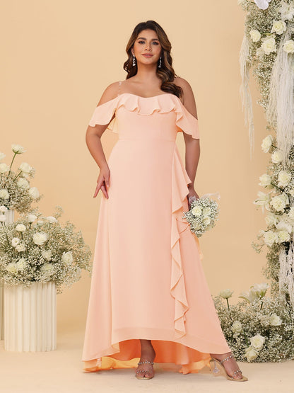 Robes de Demoiselle d'Honneur Grande Taille Ligne A/Princesse Décolleté Bardot avec Volants