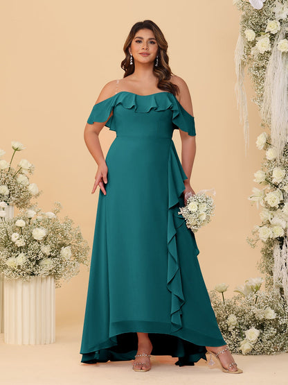 Robes de Demoiselle d'Honneur Grande Taille Ligne A/Princesse Décolleté Bardot avec Volants