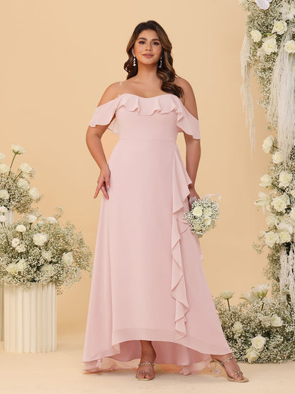 Robes de Demoiselle d'Honneur Grande Taille Ligne A/Princesse Décolleté Bardot avec Volants