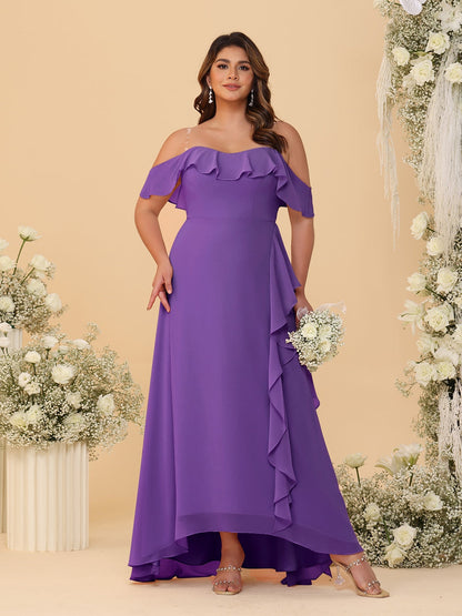 Robes de Demoiselle d'Honneur Grande Taille Ligne A/Princesse Décolleté Bardot avec Volants