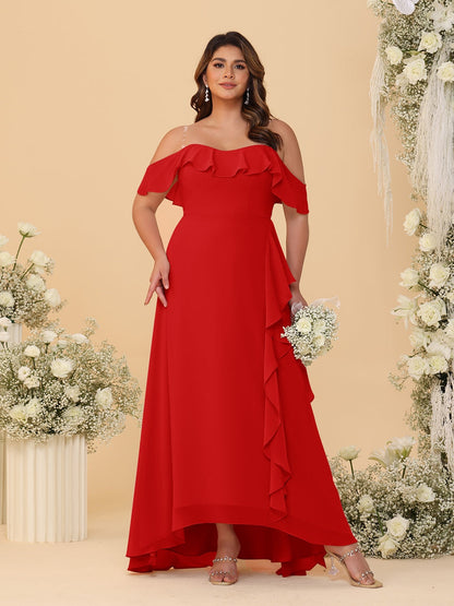 Robes de Demoiselle d'Honneur Grande Taille Ligne A/Princesse Décolleté Bardot avec Volants