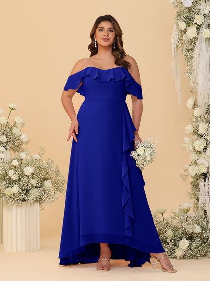 Robes de Demoiselle d'Honneur Grande Taille Ligne A/Princesse Décolleté Bardot avec Volants