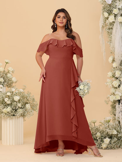 Robes de Demoiselle d'Honneur Grande Taille Ligne A/Princesse Décolleté Bardot avec Volants