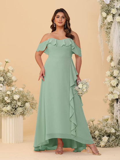 Robes de Demoiselle d'Honneur Grande Taille Ligne A/Princesse Décolleté Bardot avec Volants