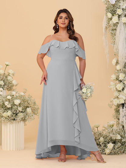 Robes de Demoiselle d'Honneur Grande Taille Ligne A/Princesse Décolleté Bardot avec Volants