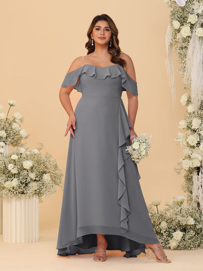 Robes de Demoiselle d'Honneur Grande Taille Ligne A/Princesse Décolleté Bardot avec Volants