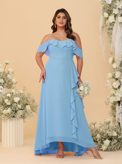 Robes de Demoiselle d'Honneur Grande Taille Ligne A/Princesse Décolleté Bardot avec Volants