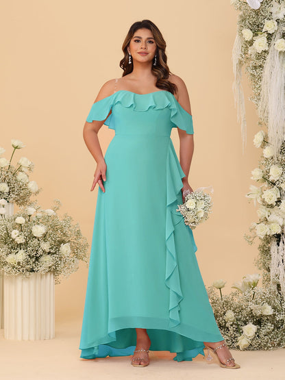 Robes de Demoiselle d'Honneur Grande Taille Ligne A/Princesse Décolleté Bardot avec Volants
