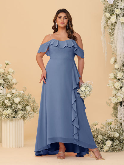 Robes de Demoiselle d'Honneur Grande Taille Ligne A/Princesse Décolleté Bardot avec Volants