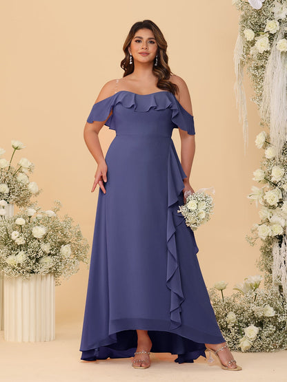 Robes de Demoiselle d'Honneur Grande Taille Ligne A/Princesse Décolleté Bardot avec Volants