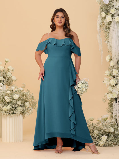 Robes de Demoiselle d'Honneur Grande Taille Ligne A/Princesse Décolleté Bardot avec Volants