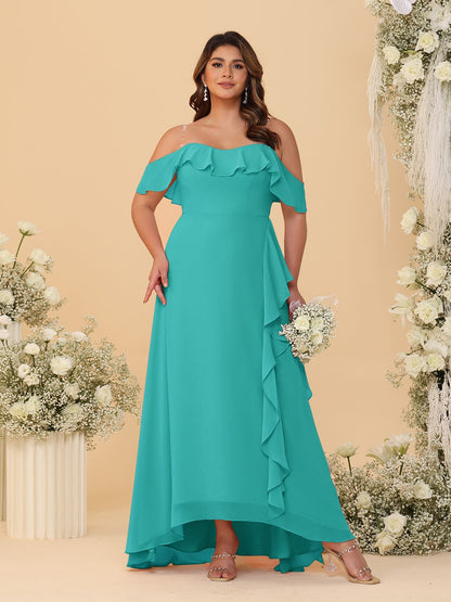 Robes de Demoiselle d'Honneur Grande Taille Ligne A/Princesse Décolleté Bardot avec Volants