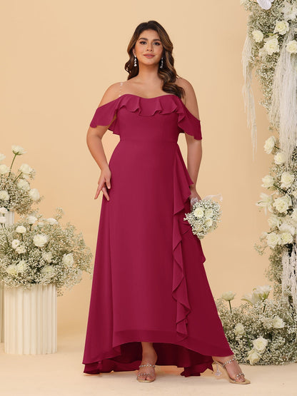 Robes de Demoiselle d'Honneur Grande Taille Ligne A/Princesse Décolleté Bardot avec Volants