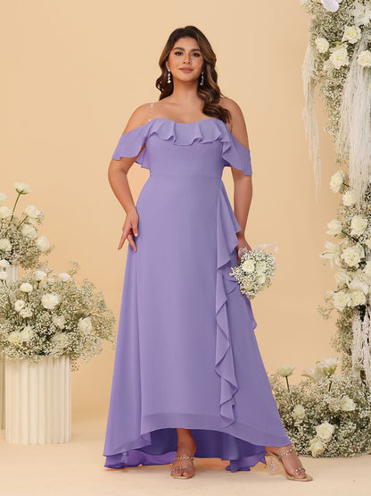 Robes de Demoiselle d'Honneur Grande Taille Ligne A/Princesse Décolleté Bardot avec Volants