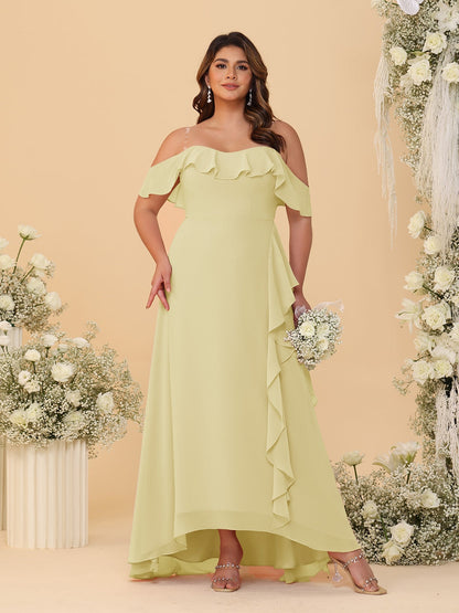Robes de Demoiselle d'Honneur Grande Taille Ligne A/Princesse Décolleté Bardot avec Volants