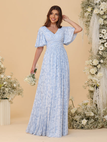 Robes de Demoiselle d'Honneur Longues à Col en V, Manches Courtes, Ligne A/Princesse