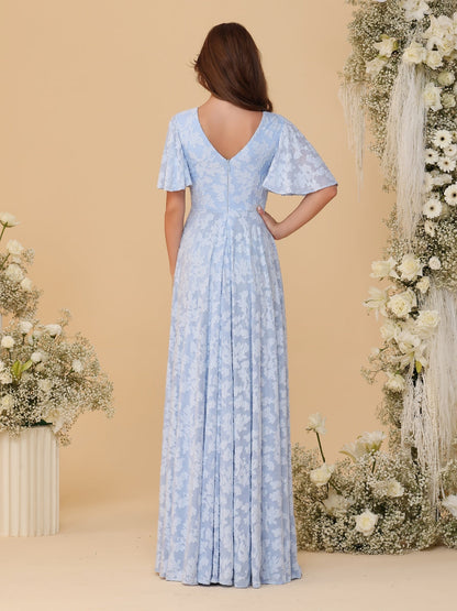 Robes de Demoiselle d'Honneur Longues à Col en V, Manches Courtes, Ligne A/Princesse