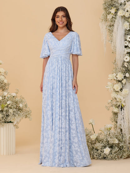 Robes de Demoiselle d'Honneur Longues à Col en V, Manches Courtes, Ligne A/Princesse