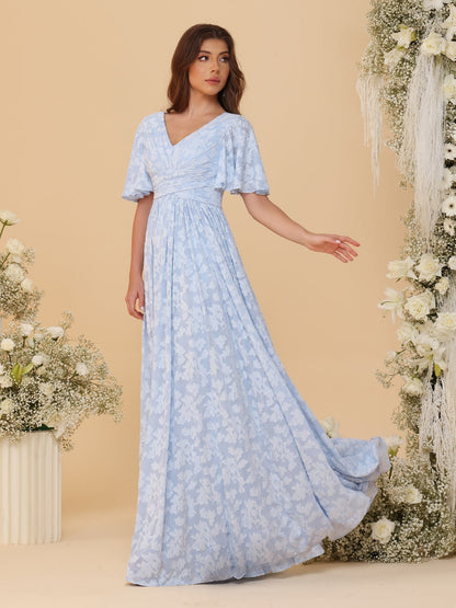 Robes de Demoiselle d'Honneur Longues à Col en V, Manches Courtes, Ligne A/Princesse