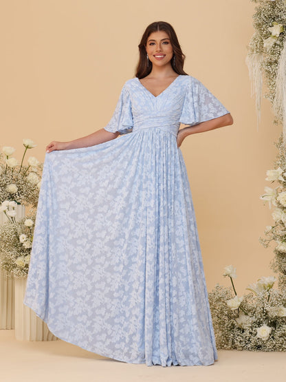 Robes de Demoiselle d'Honneur Longues à Col en V, Manches Courtes, Ligne A/Princesse