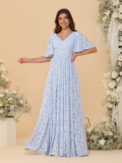 Robes de Demoiselle d'Honneur Longues à Col en V, Manches Courtes, Ligne A/Princesse