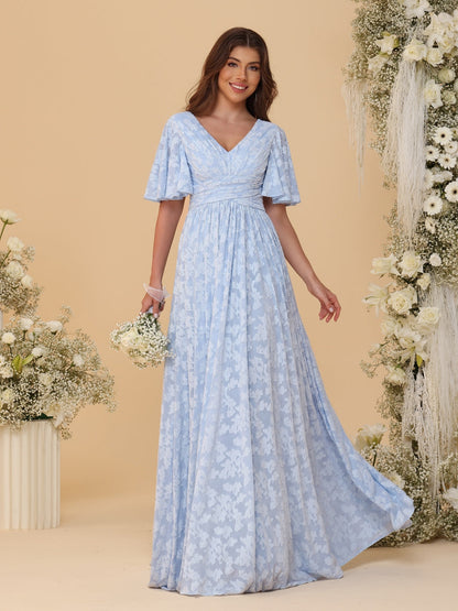 Robes de Demoiselle d'Honneur Longues à Col en V, Manches Courtes, Ligne A/Princesse