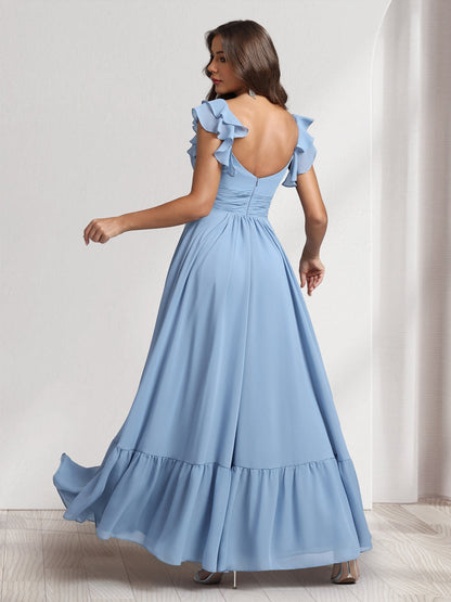 Robes de demoiselle d'honneur coupe trapèze/princesse, col en V, longueur cheville, avec volants et fente latérale
